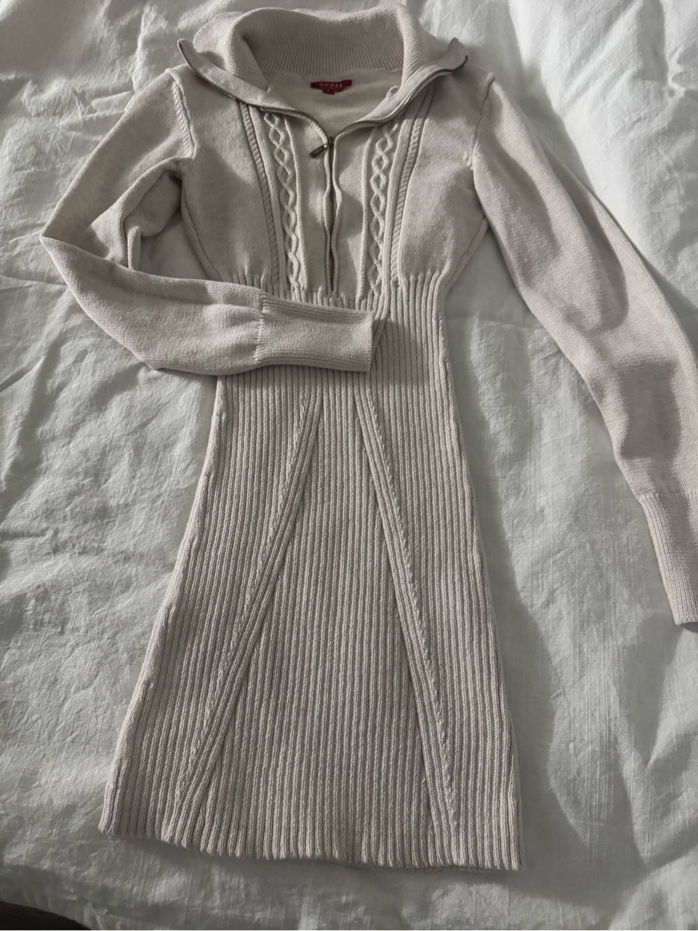 Guess Cream Cable-Knit Zip-Front Long Sleeve Dress